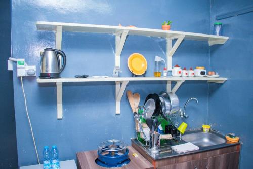 eine Küche mit einem Waschbecken und Regalen an der Wand in der Unterkunft Victorious Place in Kitale