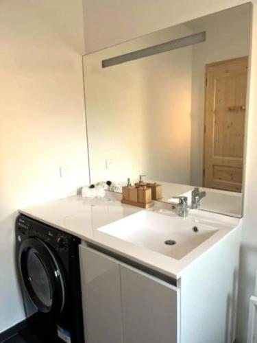 une salle de bain avec un lavabo et une machine à laver dans l'établissement Villa neuve et moderne à 250 m de l'océan, classée 3 étoiles, à Lacanau