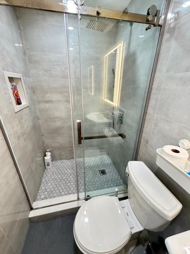 a bathroom with a shower with a toilet and a sink at Modern Lux Family Rooms - KingBed - Near Sheppard W Station Toronto in Toronto