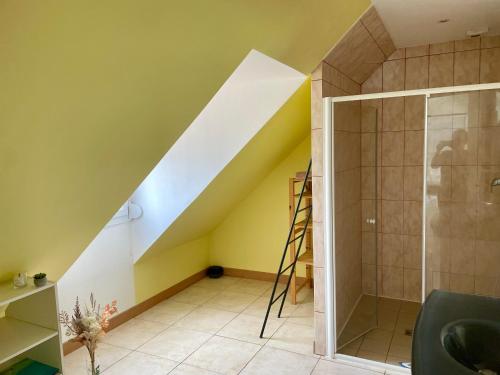 La salle de bains est pourvue d'une douche et d'une échelle. dans l'établissement Maison Côte Et Champs, à Doudelainville