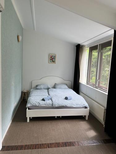 a bedroom with a bed in a room with a window at Vakantiehuis midden in de natuur in Halle