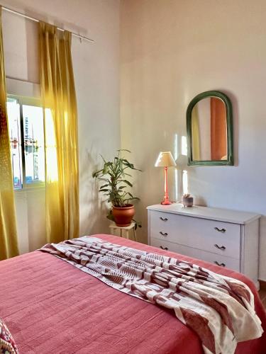 a bedroom with a bed and a dresser and a mirror at Hacienda la Yerbabuena in Cádiz