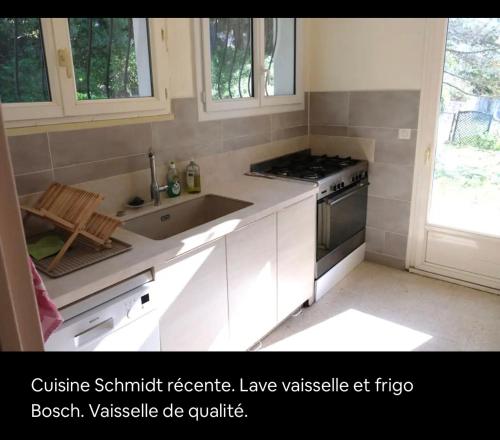 une cuisine blanche avec un évier et une cuisinière dans l'établissement Appart sunshine, à Sainte-Tulle