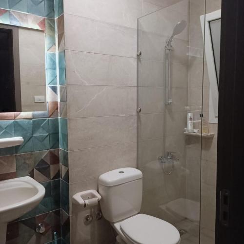 a bathroom with a toilet and a sink and a shower at Mountain view North Coast Ras elhekma, Tart's Home, Families only in Ras Elhekma