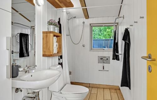a bathroom with a sink and a toilet and a window at Amazing Home In Allingåbro With Wifi in Allingåbro