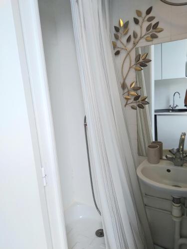 une salle de bain blanche avec un lavabo et un miroir dans l'établissement Studio le Métropole Centre ville, à Deauville