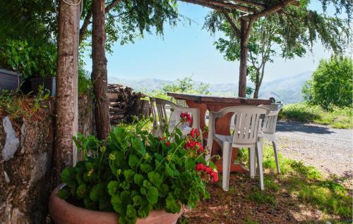 two white chairs and a table and some flowers at Cozy Home In Castiglione Chiavarese in Castiglione Chiavarese