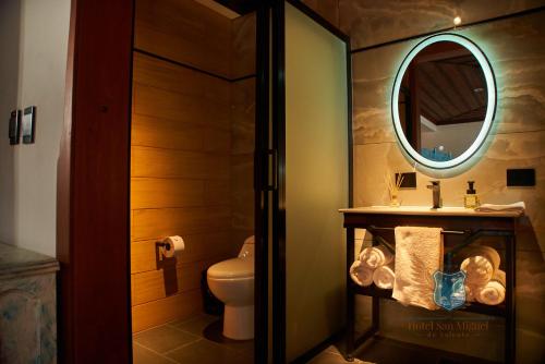 a bathroom with a sink and a mirror and a toilet at Hotel San Miguel de Salento in Salento
