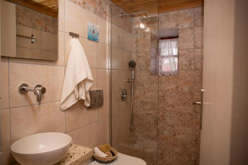 a bathroom with a shower with a toilet and a sink at Villa Electra in Halki