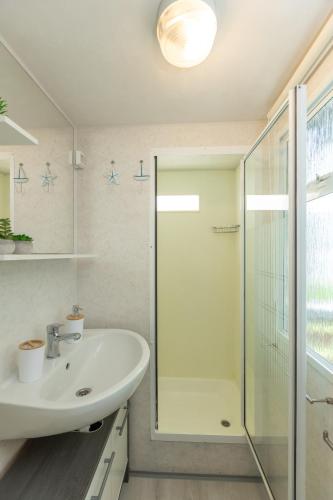 a bathroom with a sink and a glass shower at Mobile homes Bepo in Sveti Filip i Jakov