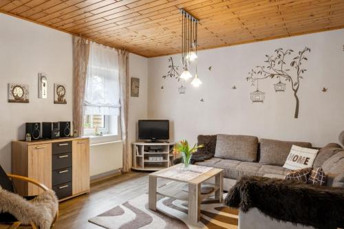 a living room with a couch and a tv at Ferienhaus-Ferienwohnungen Marmann in Lutzerath