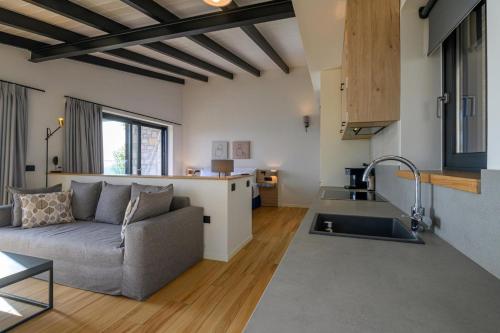 a living room with a couch and a kitchen at Mani Suites in Agios Nikolaos