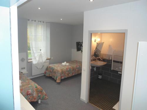 コントレクセビルにあるHôtel Des Vosgesのベッドルーム(ベッド1台、シンク、鏡付)