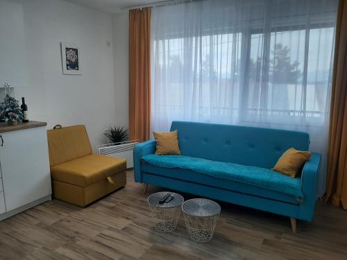 un salon avec un canapé bleu et une chaise dans l'établissement Apartment Petra, à Žabljak