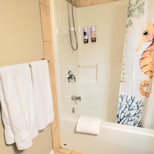 a bathroom with a shower and a bath tub at Spacious 2BR Near HWY 1, Heritage Park , Cultus Lake & Fishing! in Chilliwack