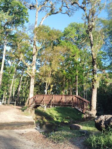 a wooden bridge in the middle of a forest at Au coeur de Bouliki in Saint-Joseph