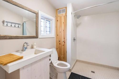 a bathroom with a sink and a toilet and a mirror at Bunglow in the Bend in Grand Bend