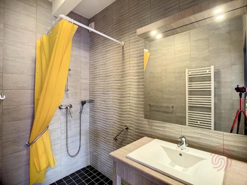 une salle de bain avec un lavabo et une douche dans l'établissement Appartement F2 PMR, climatisé, avec terrasse et parking privé, au cœur de Lamalou-les-Bains - FR-1-451-194, à Lamalou-les-Bains