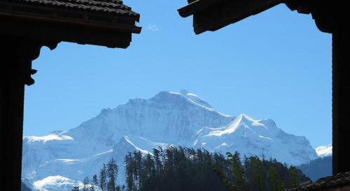 a view of a snow covered mountain from a window at Residence Jungfrau in Interlaken