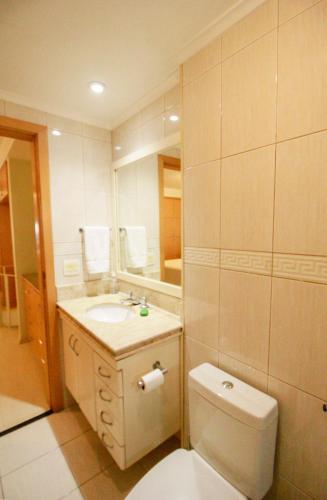 a bathroom with a toilet and a sink and a mirror at Apartamento Duplex Place Vendome! Moema, 58m2, Amplo, Conforto, Luxo! Servicos, Estacionamento, Internet, Metro! in Sao Paulo