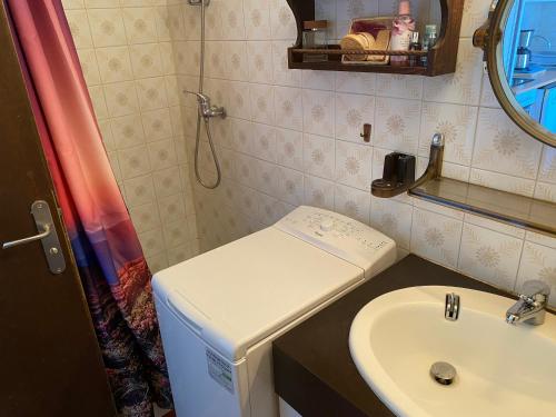une salle de bain avec un lavabo, des toilettes et un miroir dans l'établissement Charmant T3 de plain pied, 4/5 pers, proche plage, parking privé, animaux OK - FR-1-798-17, à Leucate