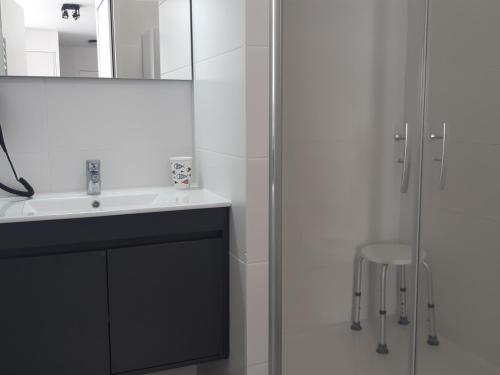 une salle de bain avec un lavabo et une douche en verre dans l'établissement Superbe T2 climatisé avec parking, 4 pers, proche plage - FR-1-798-23, à Leucate