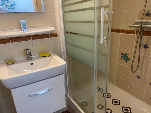 une salle de bain avec un lavabo et une douche dans l'établissement Studio Cabine avec Loggia, Parking, Proche mer, TV, Lave-Linge, 2 Vélos, Port Leucate, 4 Pers. - FR-1-798-4, à Leucate