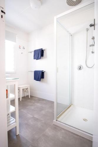 a bathroom with a shower with a glass door at Wara Wara on Moffat Beach Foreshore in Caloundra