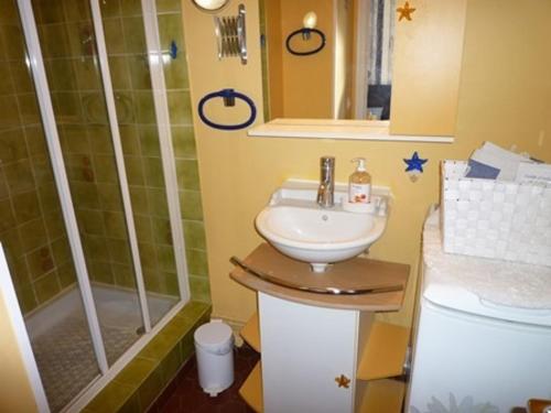 une salle de bain avec un lavabo et une douche dans l'établissement Charmant T2 climatisé à Port Leucate - Terrasse, Parking, Proche Mer, Animaux Bienvenus - FR-1-798-24, à Leucate