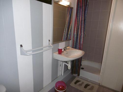 une petite salle de bain avec un lavabo et une douche dans l'établissement T2 Mezzanine Rénové à Port Leucate - Plage/Port à Pied, Parking Privé, Animaux Bienvenus - FR-1-798-26, à Leucate