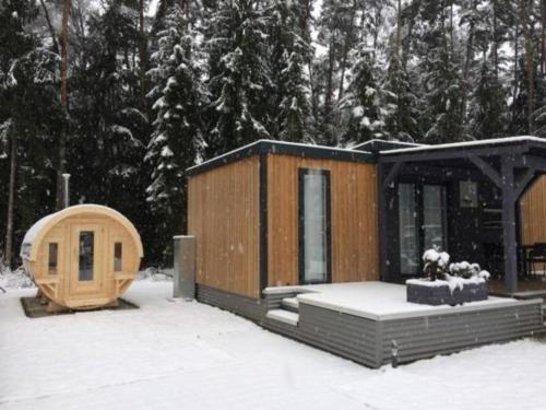 a cabin in the snow with snow covered trees at Nettes Ferienhaus in Wackersdorf mit Sauna, Grill und Whirlpool in Wackersdorf
