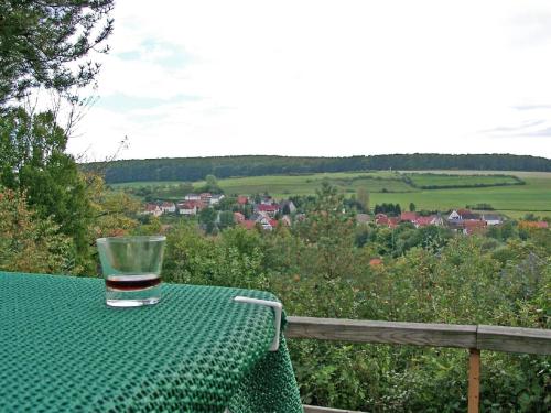 a glass of wine sitting on a table with a view at Schönes Ferienhaus mit Terrasse und Garten in Lichtenau