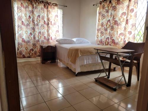 a bedroom with a bed and a table and curtains at Mountain View Escape in Mandeville