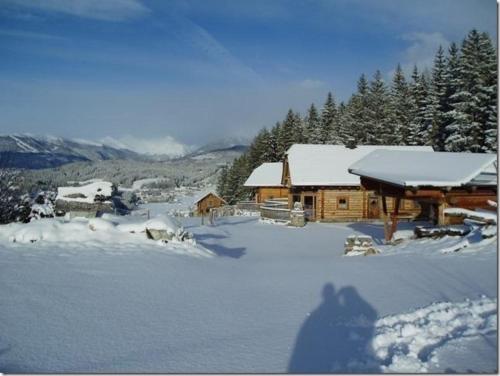 eine Person, die im Schnee vor einer Hütte steht in der Unterkunft Exklusives Chalet am Waldesrand mit Traumaussicht, eigener Sauna, Kamin und Wintergarten in Tamsweg