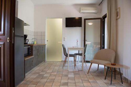 a kitchen with a table and chairs in a kitchen at Raptis Aparthotel Sivota in Sivota