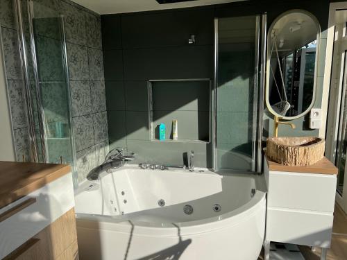 une salle de bain avec un lavabo blanc et un miroir dans l'établissement Duplex Terrasse au soleil, à Paris