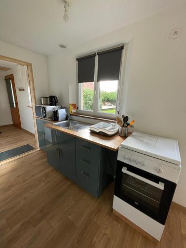 une cuisine avec un évier et une cuisinière four supérieur dans l'établissement ROSITA, à Noyelles-sur-Mer