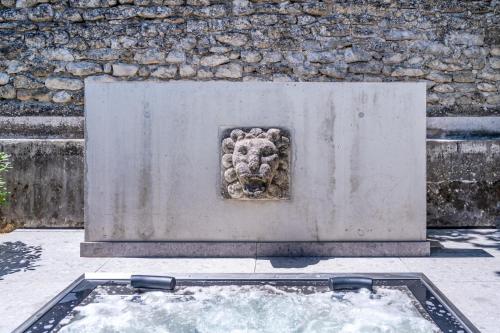 a statue of a lion on the side of a building at Le Pavillon M, Piscine et Spa au pied du château, Petit-Déjeuner inclus, Parking privé in Grignan