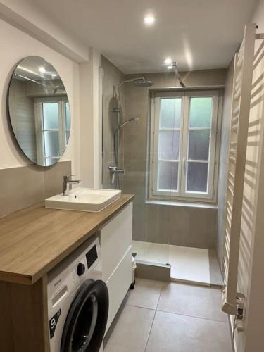 une salle de bain avec une machine à laver et un lavabo dans l'établissement Le presbytère 30 min de Beauval, à Les Montils