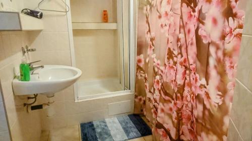 a bathroom with a sink and a shower curtain at Apartmany u Lipno in Frymburk