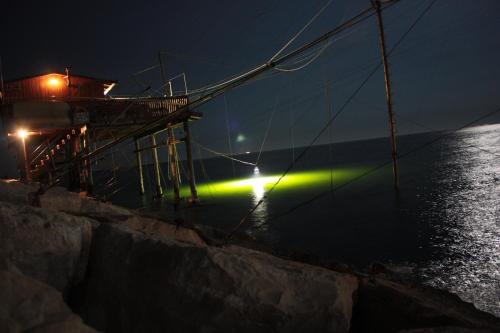 a green light on the water at night at Hotel Europeo in Sottomarina