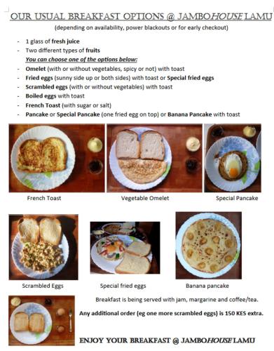 a collage of pictures of different breakfast foods at JamboHouse Lamu in Lamu