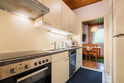a kitchen with a sink and a stove at Appartementanlage Thermenblick SKI IN & SKI OUT in Bad Kleinkirchheim