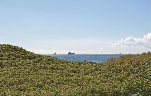 una vista del océano con barcos a lo lejos en Holiday Home Gl Fyrvej, en Skagen