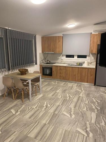 a large kitchen with a table and a refrigerator at Four Seasons in Leptokaria