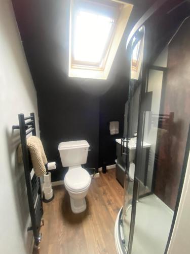 a bathroom with a toilet and a window at Central Apartments - Derelict in Blairgowrie