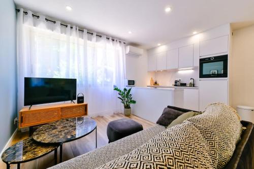 un salon avec un canapé et une télévision dans l'établissement Studio Cosy à Ajaccio, à Ajaccio