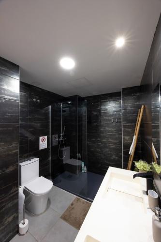 a bathroom with a toilet and a shower and a sink at Casas349h Alicante City Centre Trafalgar in Alicante