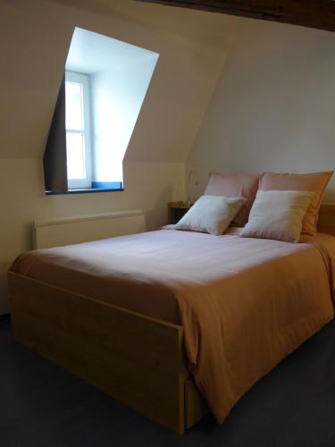 une chambre avec un grand lit avec une fenêtre dans l'établissement Charmant studio centre-ville, à Bourges