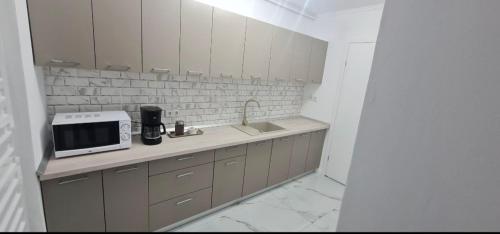 a kitchen with a sink and a microwave on a counter at Apartament Daria in Timişoara